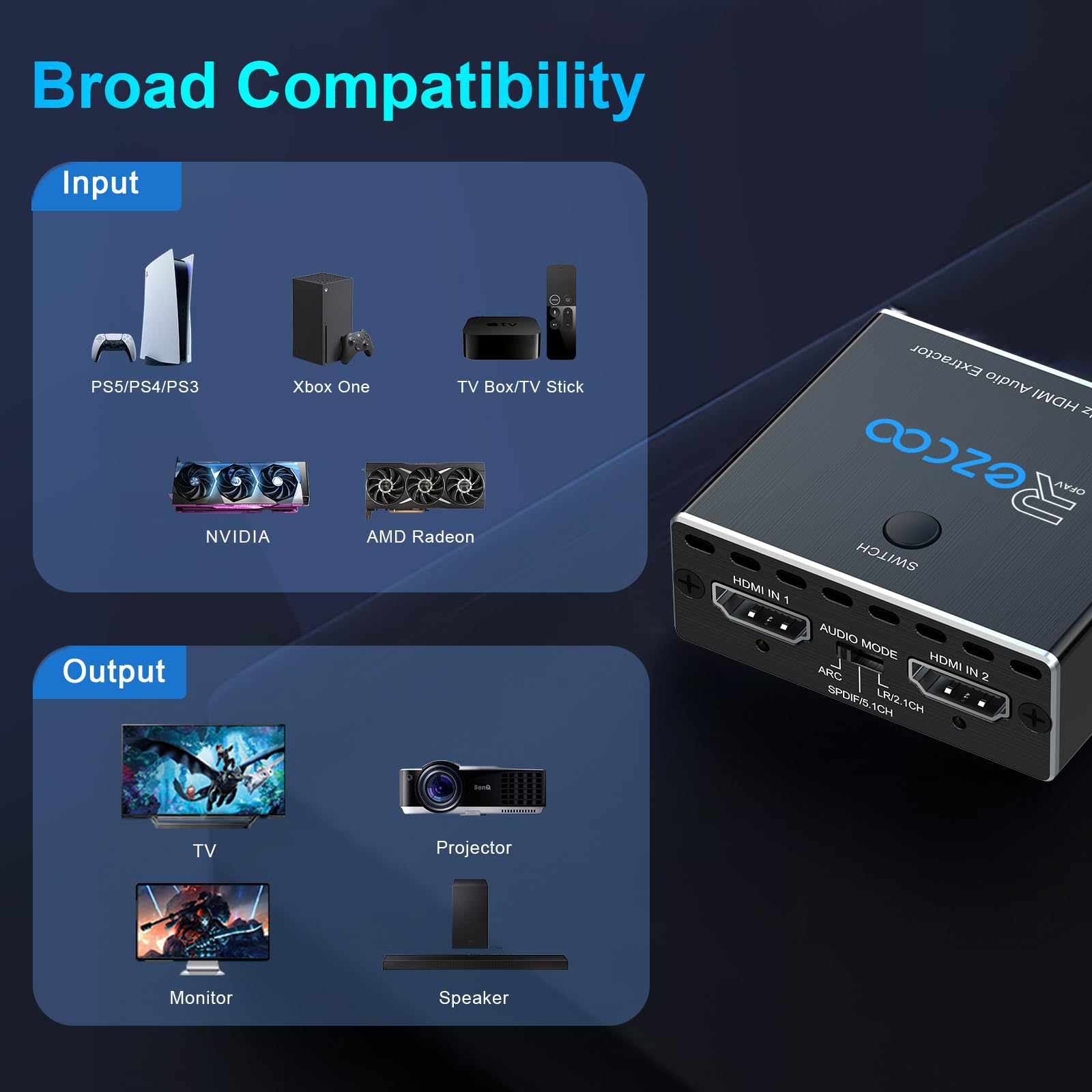 Extractor de audio HDMI 2.1 4K 120Hz VRR ALLM HDCP2.3 HDR10 ARC Convertidor de audio 2 en 1 - SPDIF 5.1 CH óptico Toslink - Breakout audio estéreo, repetidor digital para PS 5, Xbox X NVIDIA AMD
