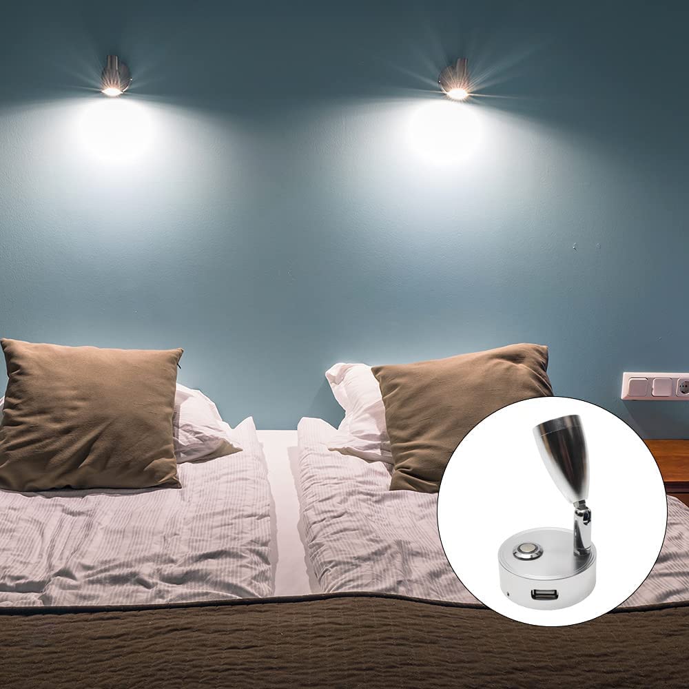 Van Lighting Faretto LED Da Lettura 12V Con Porta USB | Luce Calda 3200K | Orientabile 360° | Per Camper, Barca, Camper, Comodino (Argento, 2 Pezzi)