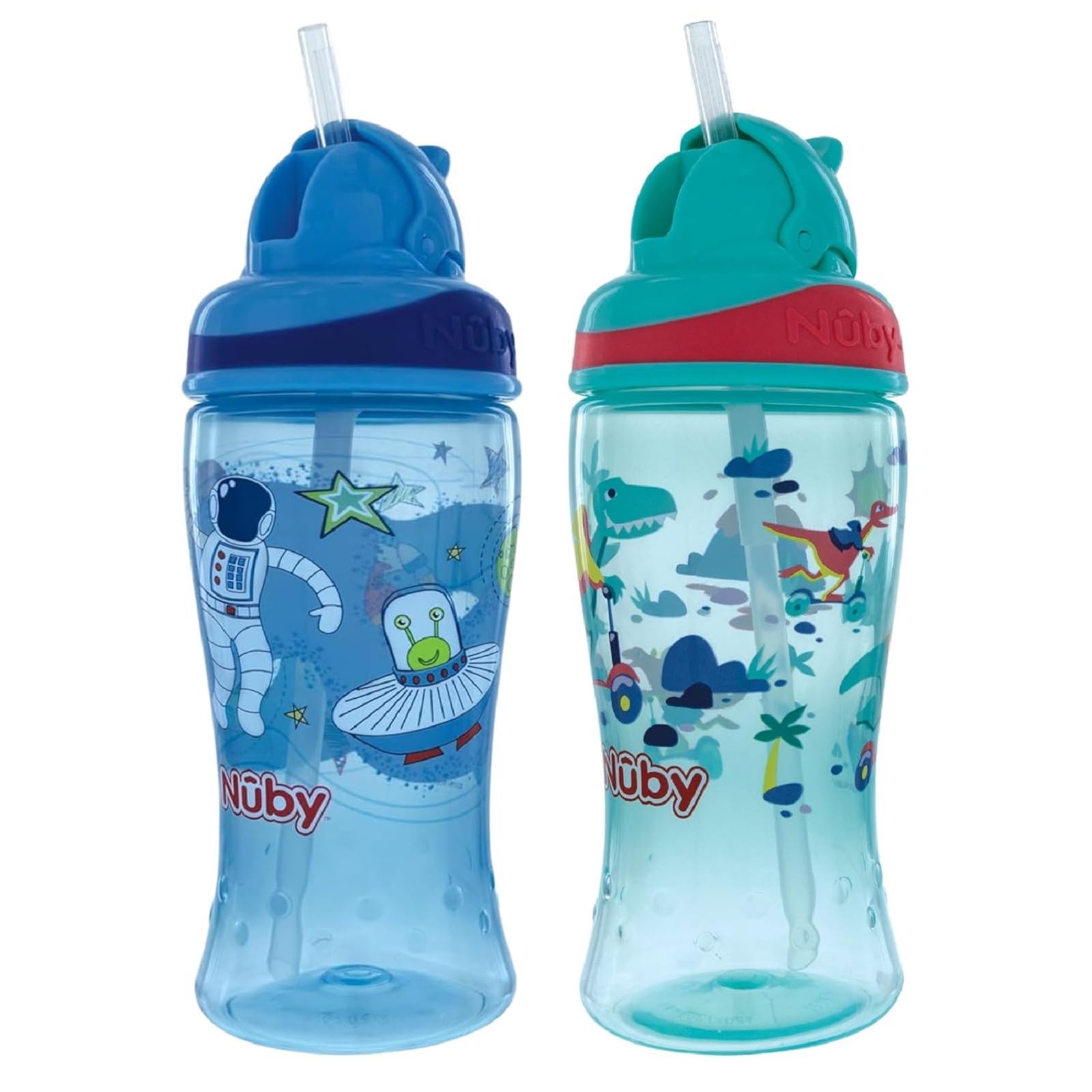 Thirsty Kids No-Spill Flip-it Printed Boost Cup with Thin Soft Straw - 12oz, 18+ Months (Blue/Aqua)