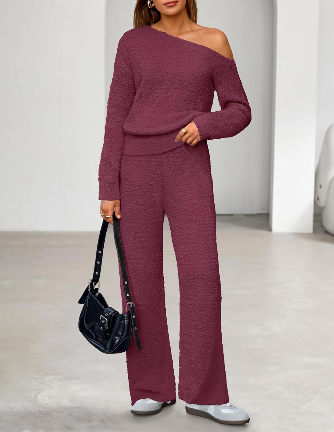 MEROKEETY Women's Fall Pajama Set Fuzzy Fleece 2 Piece Loungewear Off Shoulder Sweater Tops Wide Leg Pants Matching Outfits - Image 6