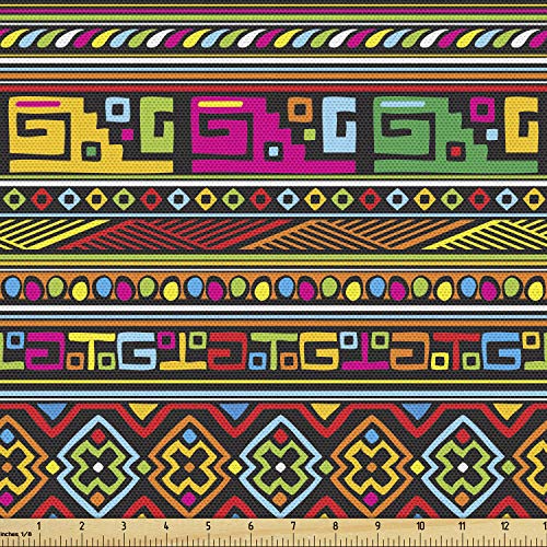 Image of Ambesonne Tribal Fabric by The Yard, Design with Colorful Geometrical Details Borders Vector Themed Print, Decorative Fabric for Upholstery and Home Accents, 3 Yards, Pastel Rainbow