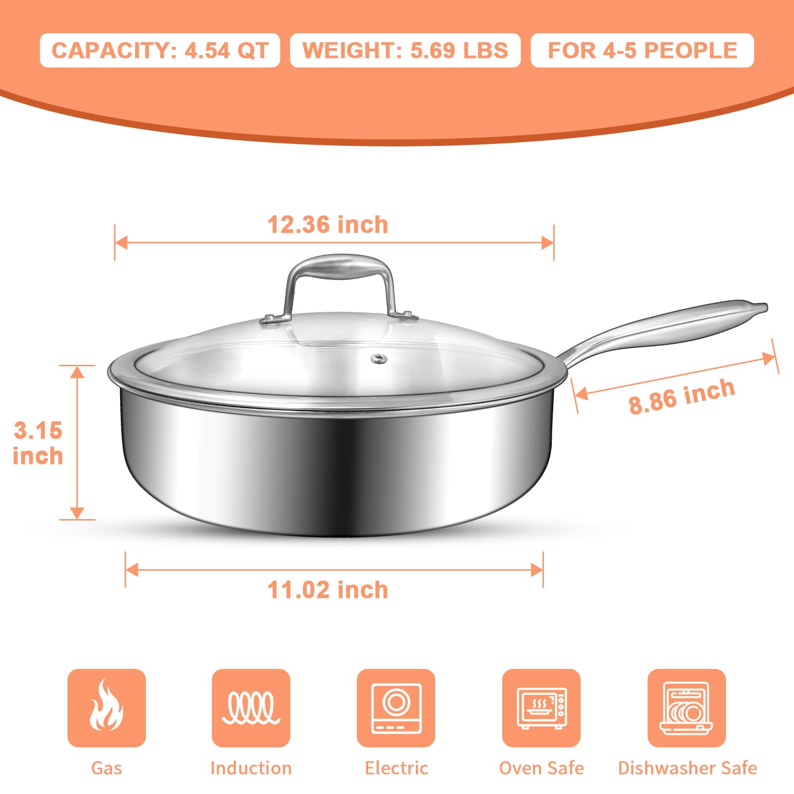 12 Inch Tri-Ply Stainless Steel Frying Pan, Deep Frying Pan with lids, PFOA&PTFE Free Skillet, Induction Cooking Pan, Dishwasher and Oven Safe, Fast & Even Heat, Heavy Duty and Detachable Handle