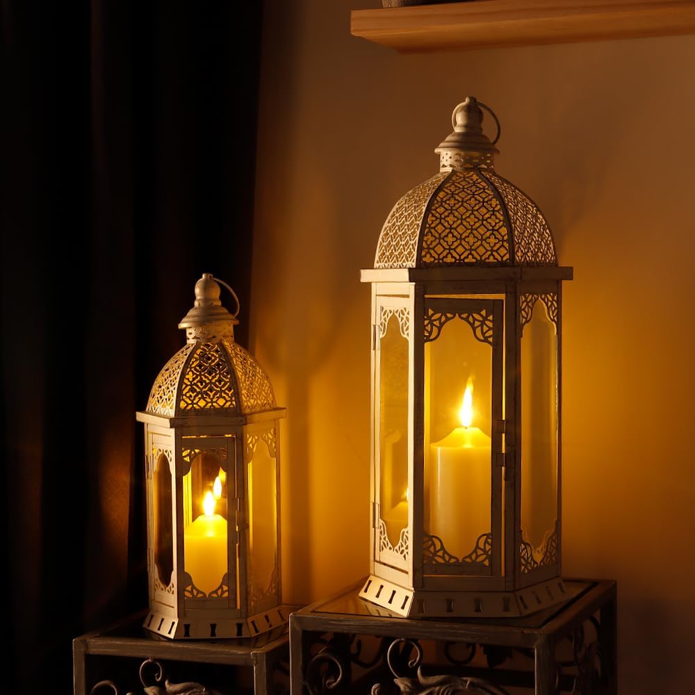 jhy design set of 2 decorative candle lanterns 22"&17" h outdoor vintage metal candle holder for garden living room indoor parties weddings patio home decor(white with gold brush) 22"&17"h white with gold brush