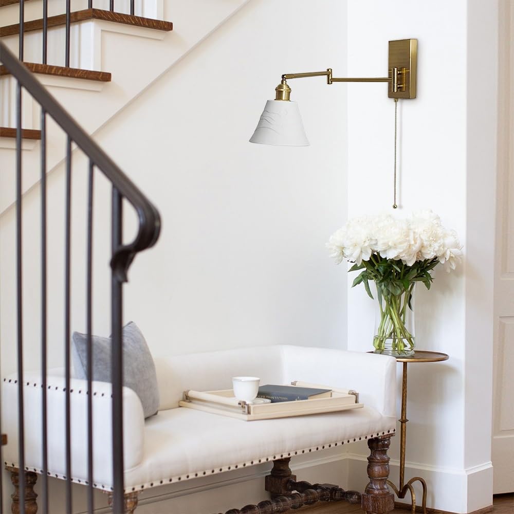Aplique de Pared de cerámica Blanca con Brazo oscilante, lámpara Dorada con Cadena de Tiro, Apliques Modernos con cableado Fijo para Sala de Estar, Dormitorio, Hotel u Oficina (A)