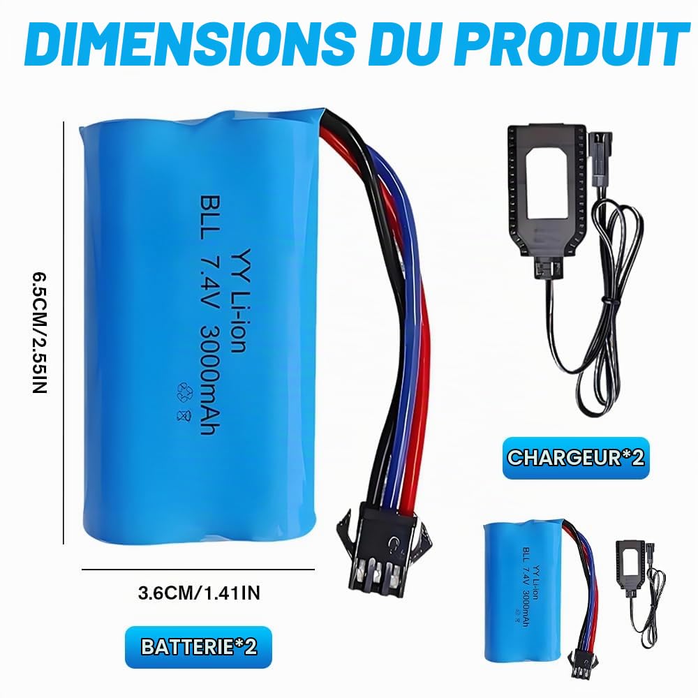 Lot de 2 Batteries Li-ION Rechargeables 7.4 V 3000 mAh avec Fiche SM-3P et Chargeur, Batterie au Lithium pour Véhicules Télécommandés, Chars, Cascadeurs et Robots
