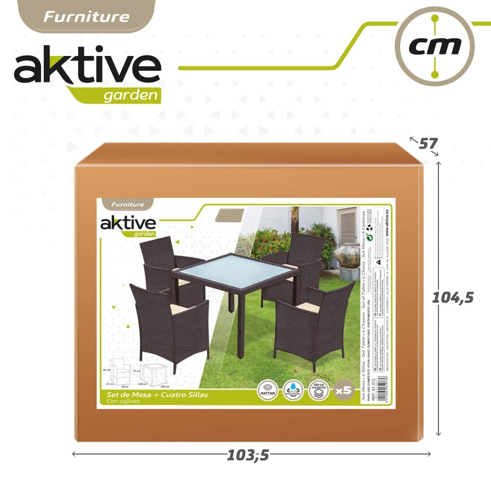 AKTIVE 61073 - Conjunto mesa y sillas jardín ratán, Mesa y sillas terraza incluye 4 sillas jardín exterior y 1 mesa exterior 100x75cm, Muebles para jardín y terraza, Multicolor