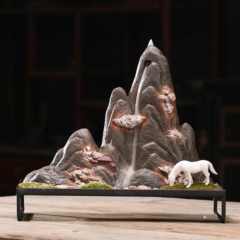 Quemador de Incienso Porta Conos, Quemador de Incienso reflujo Metal cerámico Agua Que Fluye montaña 32x14,8x28cm
