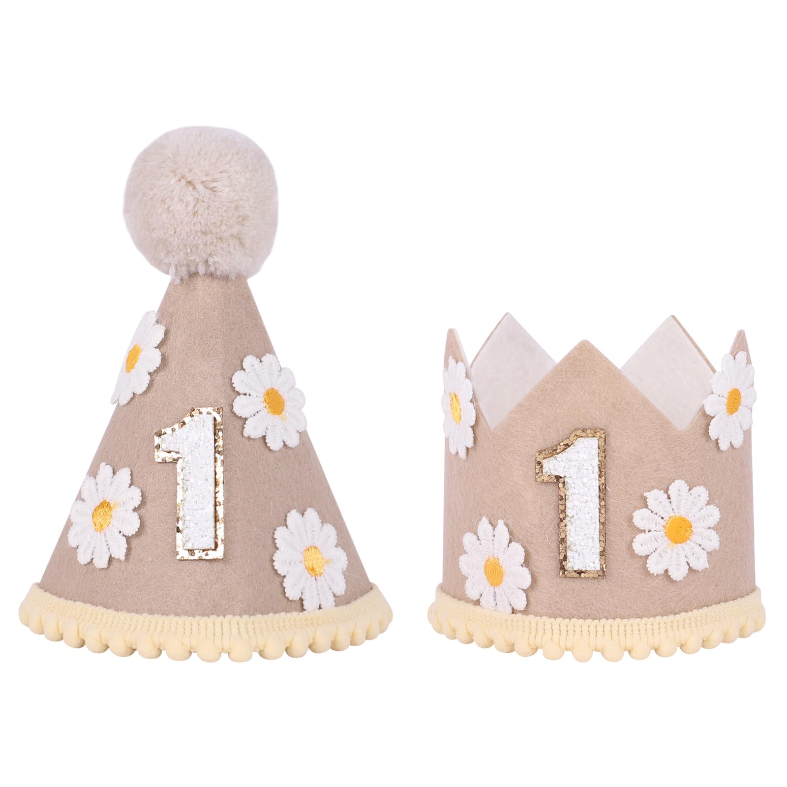 Fnaobai 2pcs Daisy Baby 1st Birthday Hat First Birthday Crown Hat Cake Smash Party Hat Photo Props Cone Hat for Girls Boys