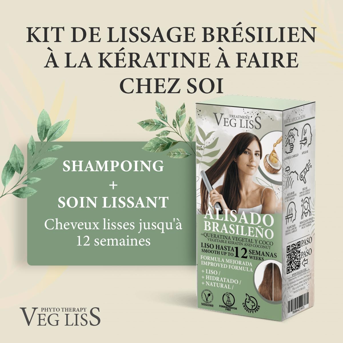 VEGLISS Kit Lissage Brésilien Maison à la Kératine Végétale - Shampooing 30ml +Traitement 120ml - Formule Vegan - Anti Frisottis Jusqu’à 12 Semaines - Hydrate et Contrôle le Volume (Paquet de 2)