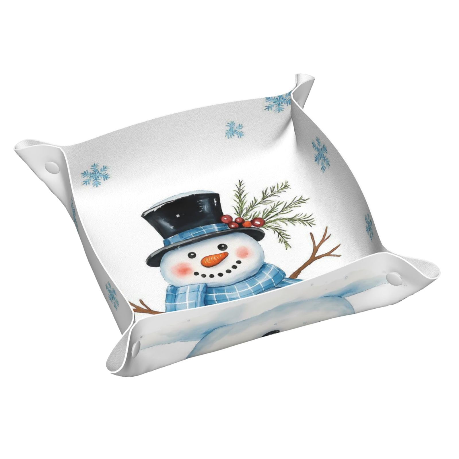 HLBSDM Winter Snowman with Blue Snowflakes Tray Men's Leather Valet Parking Portable Entrance Trays Bedside Storage Box