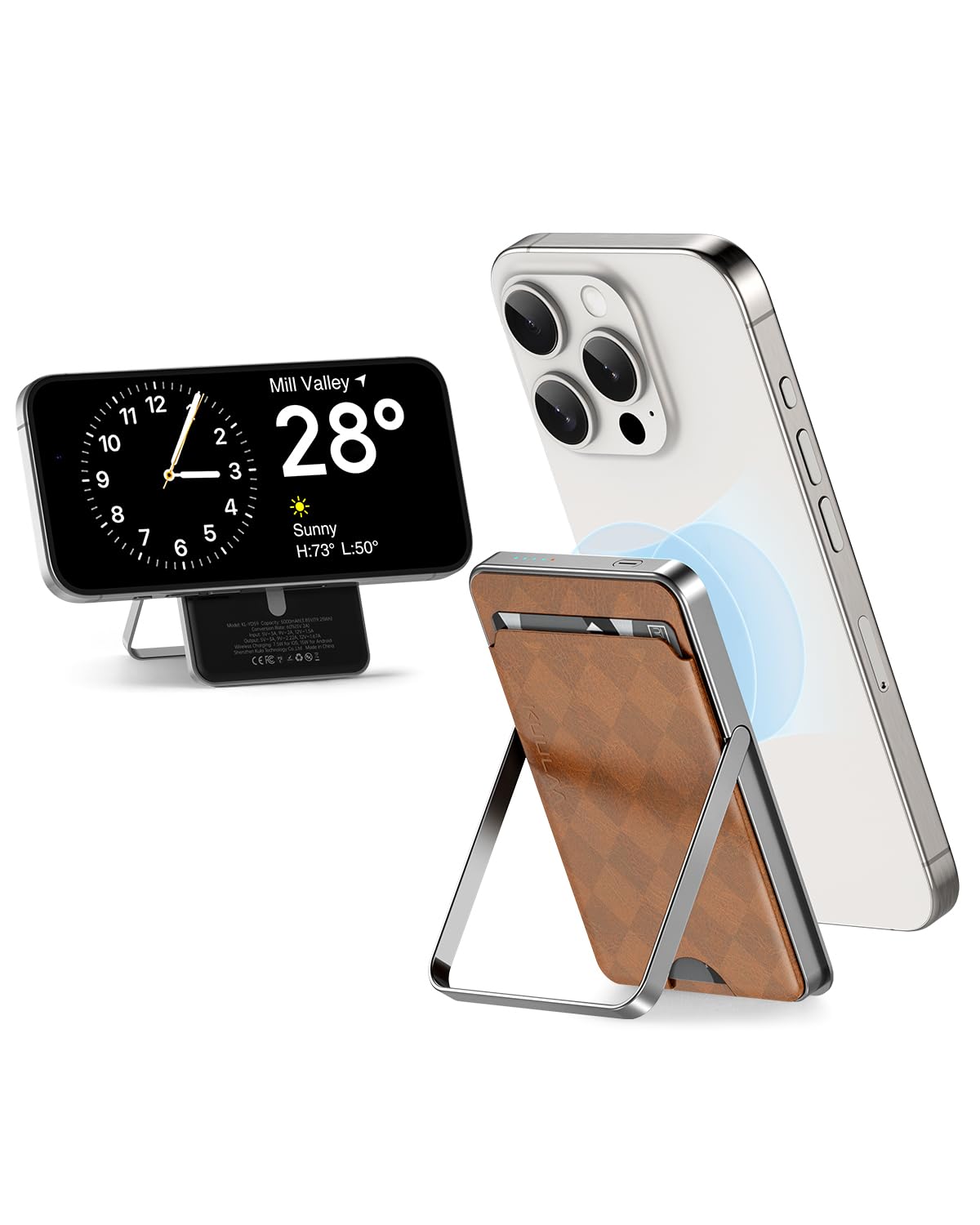 Kuulaa 5000mAh MagSafe Battery Pack, Slim Magnetic Portable Charger & Power Bank with Wallet & Stand, 20W USB-C PD Fast Charging, Wireless Phone Holder for iPhone 15/14/13/12 (Brown)