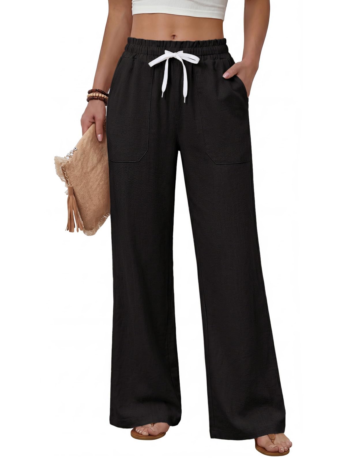 heekpek Pantalon Leger Ete Femme Fluide Taille Haute Elastique Ample Pantalons Detente Pantalon Droit Femme Chic et Elegant avec 4 Poches