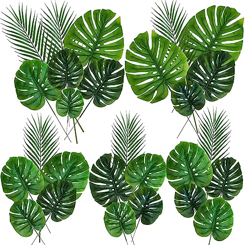 Winlyn 27 Pcs Assorted Faux Tropical Leaf Stems Set Decorative Real Touch Artificial Monstera and Palm Leaves Greenery for Jungle Hawaiian Luau Safari Beach Tiki Theme Party Summer Wedding Home Décor