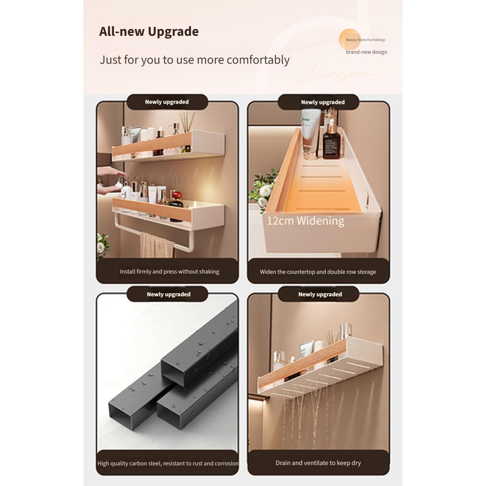 Badezimmer Wandregal ohne Bohren, Duschablage aus Kohlenstoffstahl mit Holzoptik, Wandorganizer mit Absturzsicherung, abnehmbares waschbares Fach, für Bad, Küche, Mietwohnung(White,40CM)