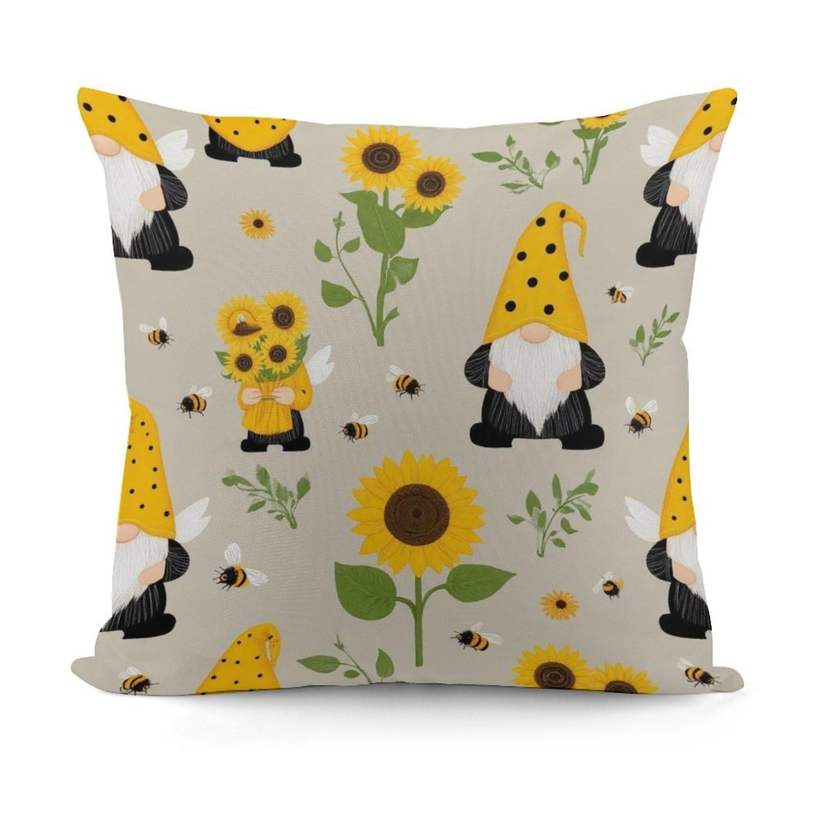 Pattern Decorative Throw Pillow Covers for Sofa Bedroom Living Room Pillow Shell Gnomes Bees and Sunflowers