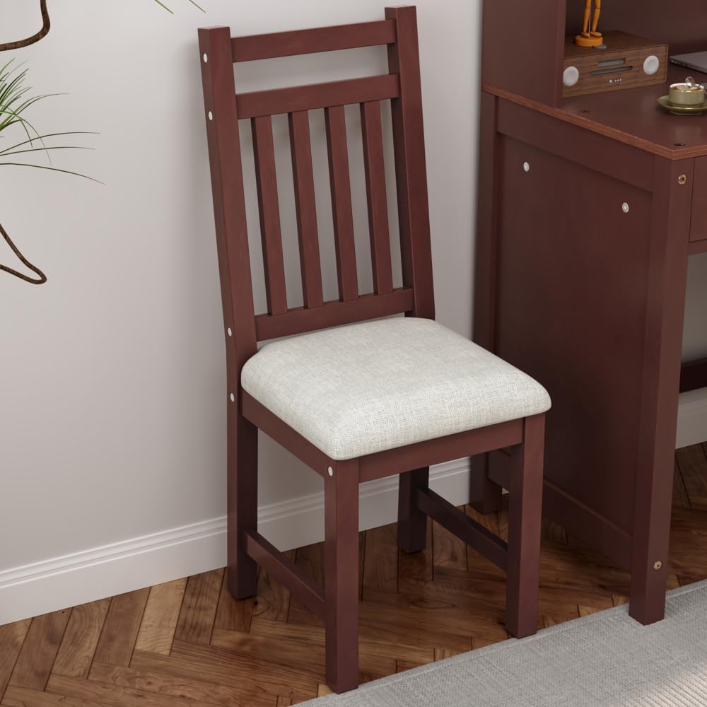 40'' Home Executive Desk and Upholstered Chair Set with Bookshelf, Four Drawers,for Office or Study in Bedroom or Living Room, Gray (Espresso + Wood)