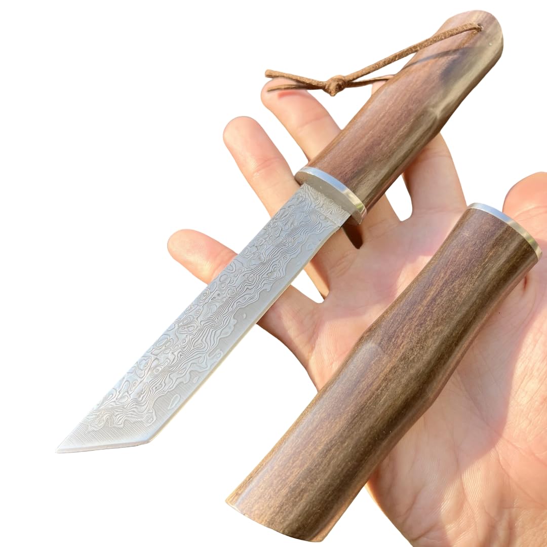 Couteau Damas Tanto Camping Lame Fixe Acier Damascus Style Japonais Manche Intégral Bois Collection Custom Cadeau Homme Suminagashi VG10 forge artisanat tranchant camping exterieur