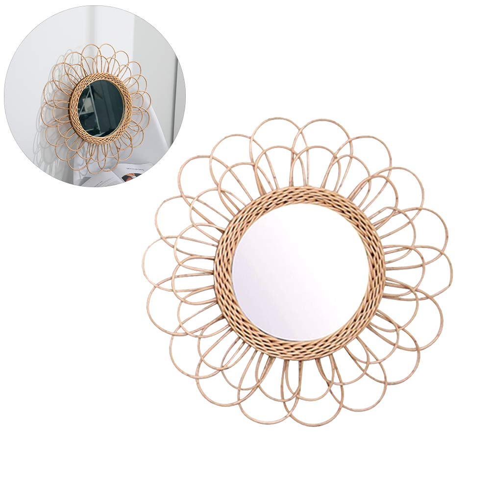 AWOME Hängespiegel, Rattan, Sonnenblume, rund, Wandspiegel, Dekoration, Boho, Korbgeflecht, Schminkspiegel, 40 cm