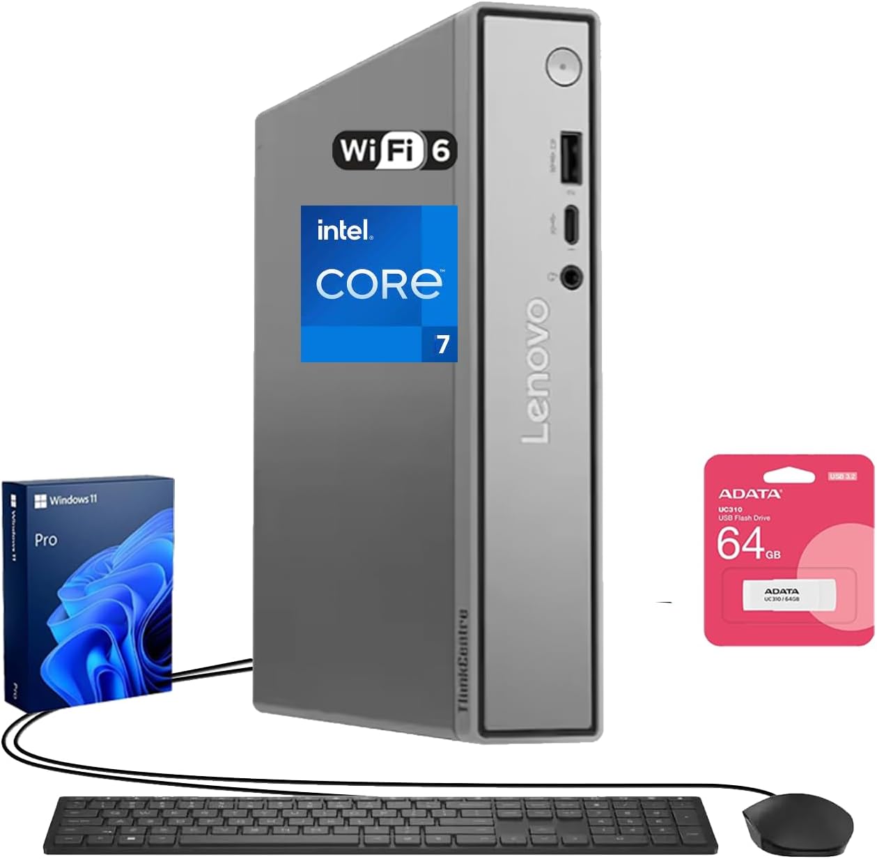 Lenovo ThinkCentre 50q Business Mini Desktop, Intel Core 7 240H, 32GB RAM, 1TB SSD, DP, HDMI, Support 3-Monitor 4K, Type-C, Wired KB & Mouse, Wi-Fi 6, Win 11 Pro, 64GB Flash Drive Bundle