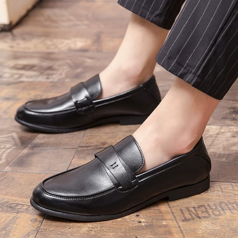 Dress Loafers Apron Toe Travel Lightweight Pu Leather Flexible Rubber Sole Mens Slip-on2