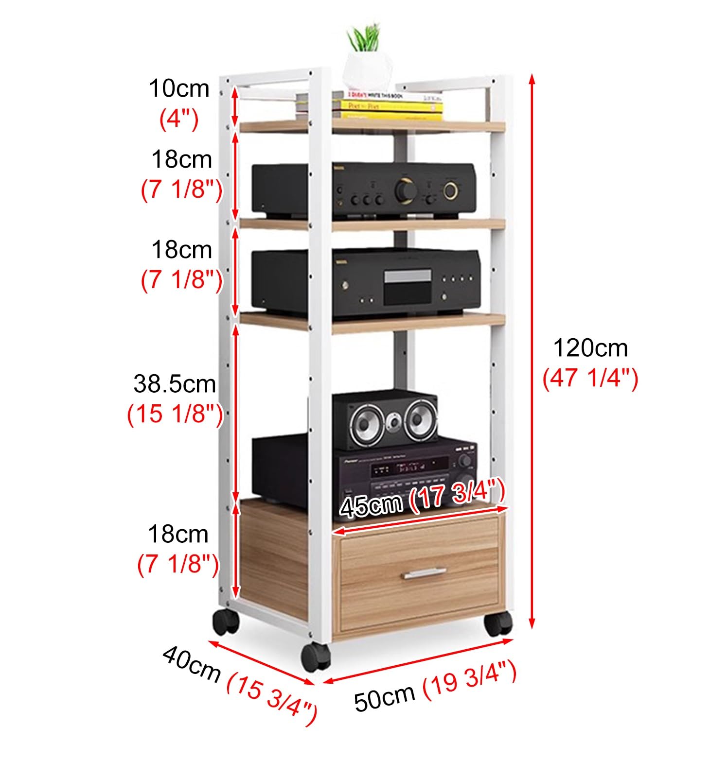 porta-DVD, Supporto stereo con telaio bianco, ruote e cassetto