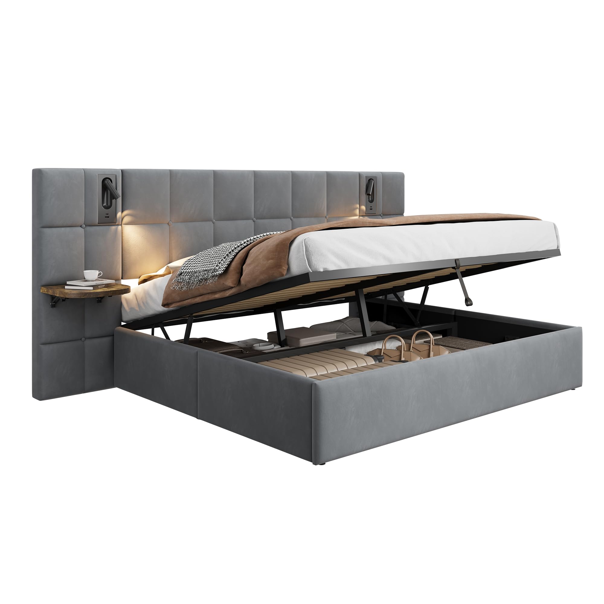 LUXOAK Polsterbett mit Stauraum, Leselampen, USB- & Typ-C-Anschlüssen, seitlichen Ablagen, Gasdruckfeder-Stauraum,Modernes Stoffbett, 140×200cm, Hellgrau