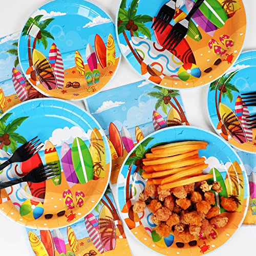 Image of 100 Pcs Summer Beach Surfing Party Paper Plates Napkins Supplies for Pool Surfs up Surfboard Theme Birthday Party Decorations Luau Bbq Picnic favors Disposable Dinnerware Plate Serves 25