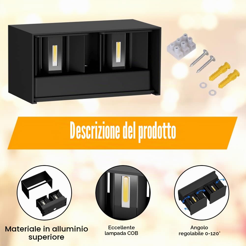 Klighten lampade da parete 24W Esterno/ Interno Moderno , lampada da esterno Bianco Caldo 3000K Applique da Parete, IP65 Impermeabile , Angolo del Fascio Regolabile Applique( Nero)