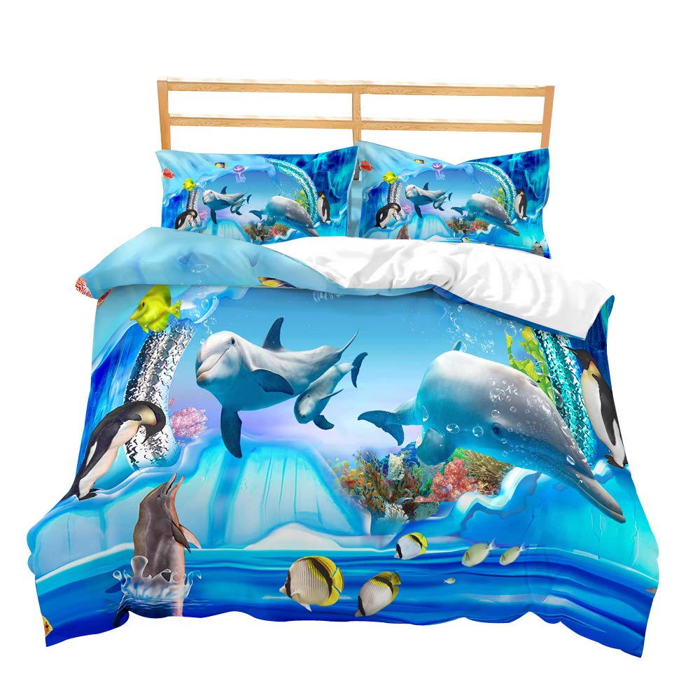 Loussiesd 3D Dolphin Print Duvet Cover Set Double Size Sea Animals Bedding Set Blue Ocean Underwater World Decorative Soft Microfiber Comforter Cover with 2 Pillow Shams, Zipper, Cute Vivid 3 Pieces
