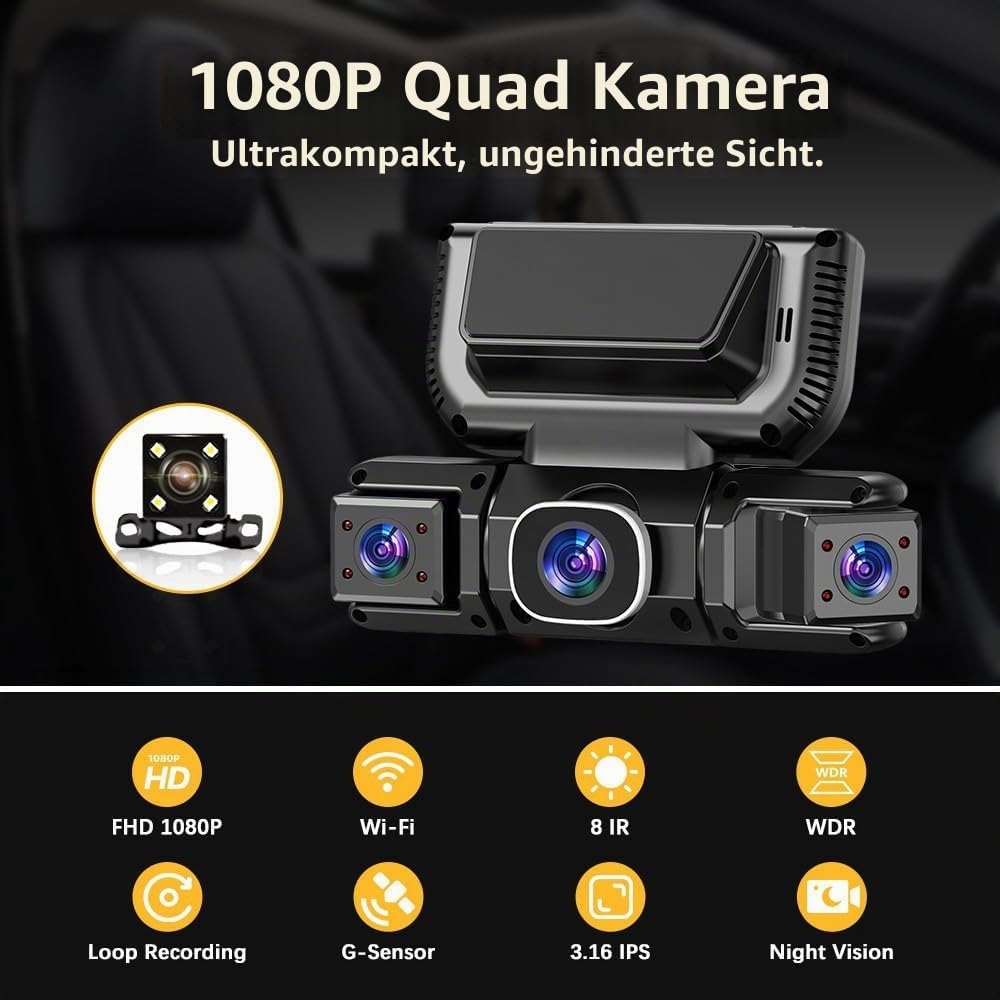 4-Kanal-Dashcam mit WLAN und Nachtsicht,360° All-Around Protection,4-Channel 360° Dash Cam,4 Kanal Dashcam Auto Vorne Hinten Innen Seiten mit Nachtsicht,G-Sensor (64G,Zigarettenanzünder)