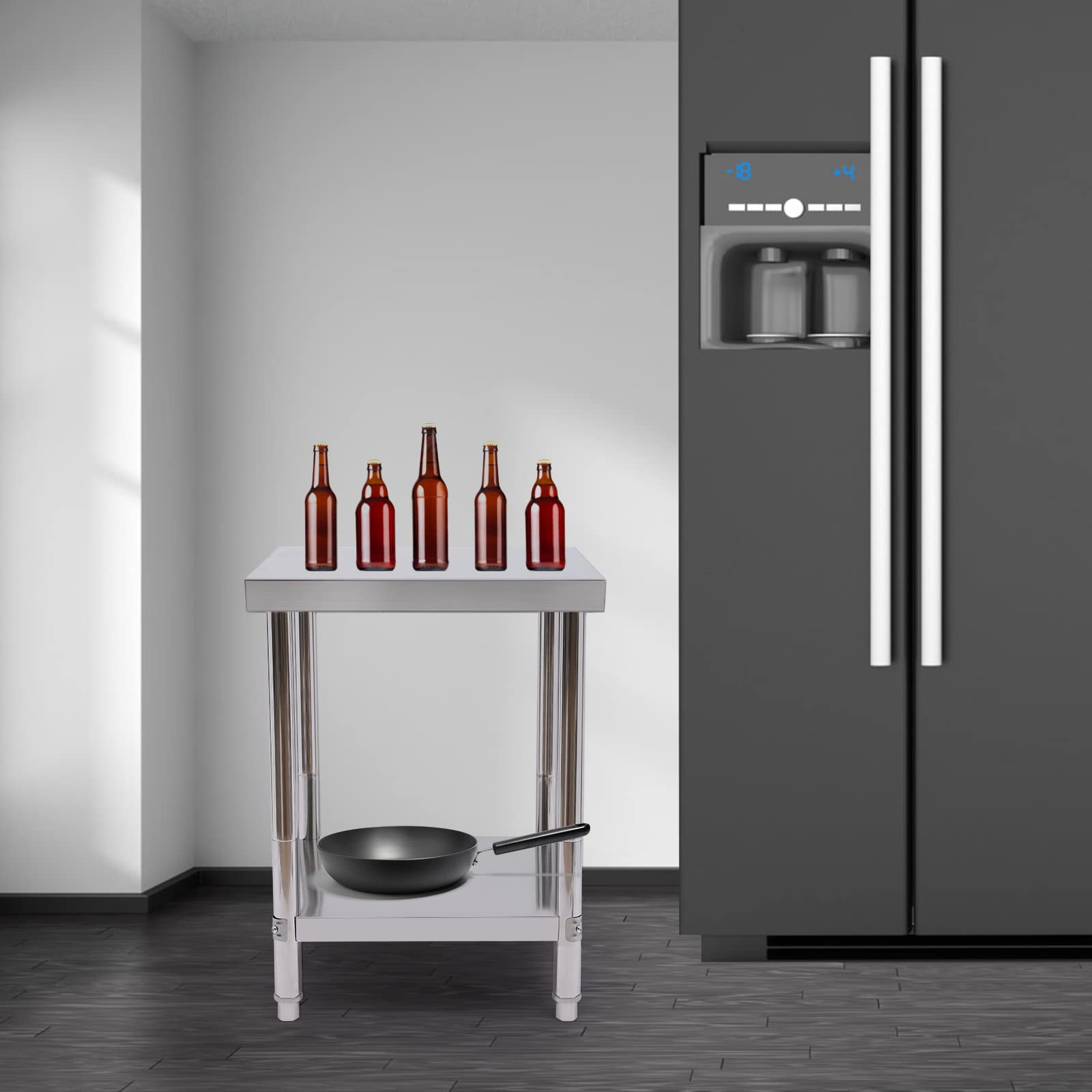 MINRS Tavolo da lavoro in acciaio inox, portata fino a 400 kg, con piedini regolabili, in acciaio inox, per cucine, hotel, panetterie, studi medici, cliniche veterinarie, 60 x 60 x 80 cm, argento