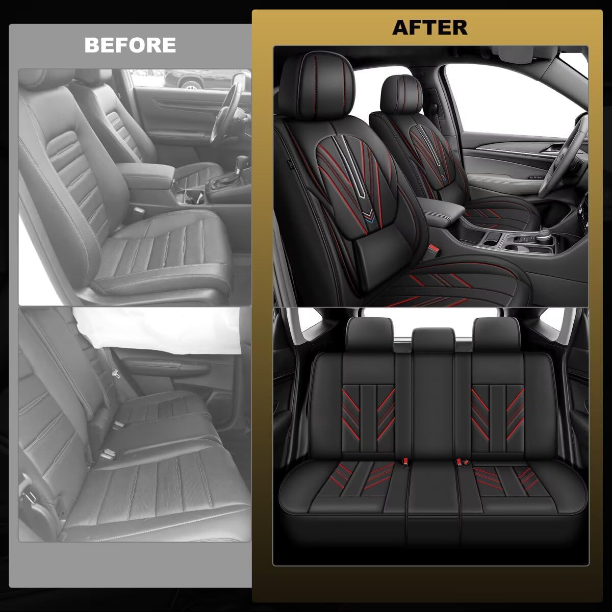 AOMSAZTO Fit for Dodge Durango 2007-2024 Seat Covers,Full Set 5 Seats Waterproof Faux Leather with Lumbar Support,Comfortable Automotive Seat Cushion with Airbag Compatible(Full Set, Black+Red Line)