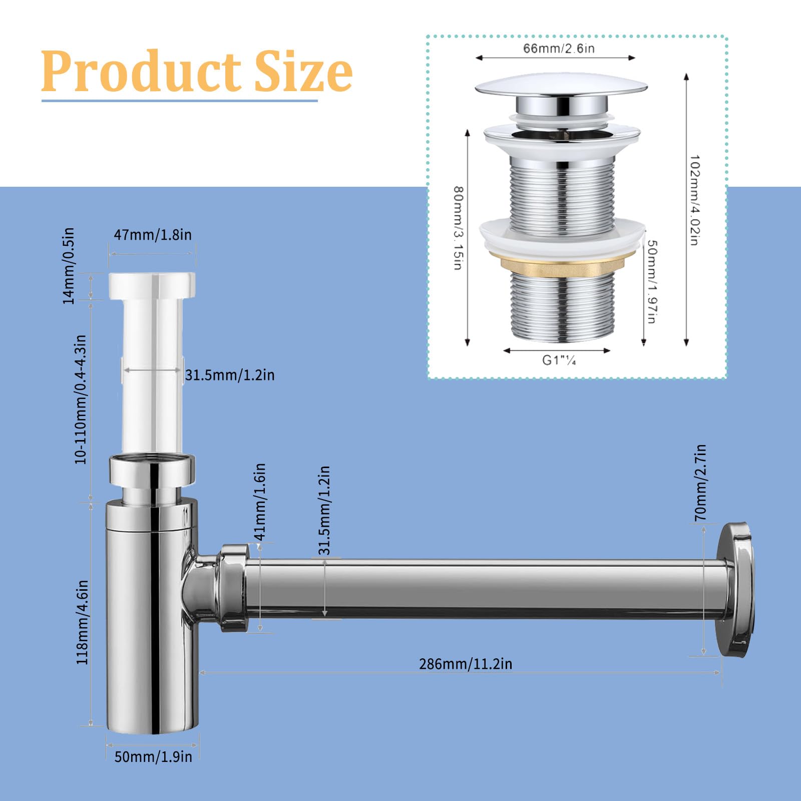 Siphon de Lavabo, Siphon Lavabo Salle De Bain Sans Trop-plein, Réglable Siphon Universel Avec Robinet de Vidange à clapet, Siphon Tubulaire en Zinc Pour Lavabo de Salle de Bain, Chromée