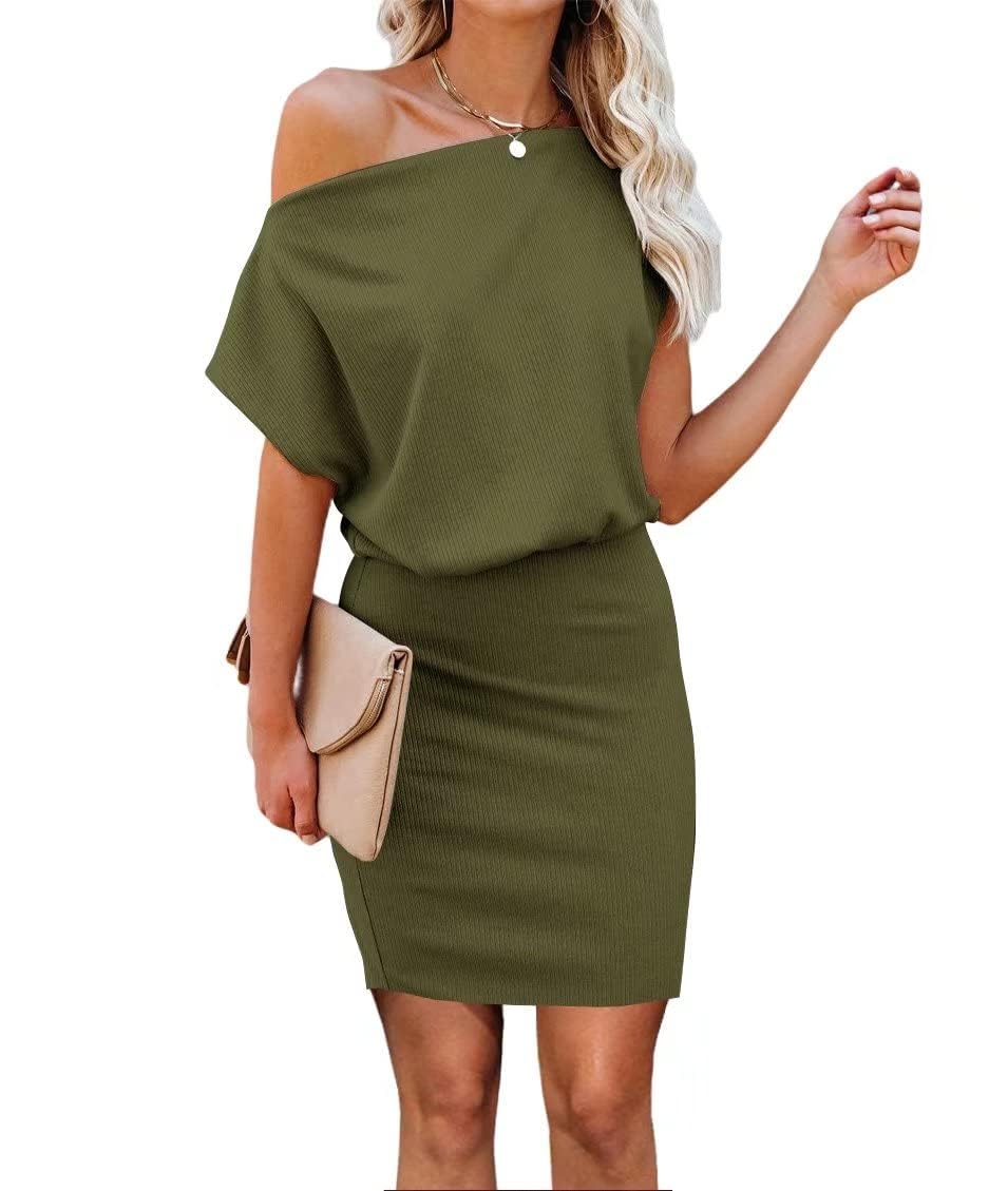 Ezbelle Women's Off The Shoulder Short Sleeve Ribbed Casual Summer Hips-Wrapped Bodycon Party Mini Batwing Dress