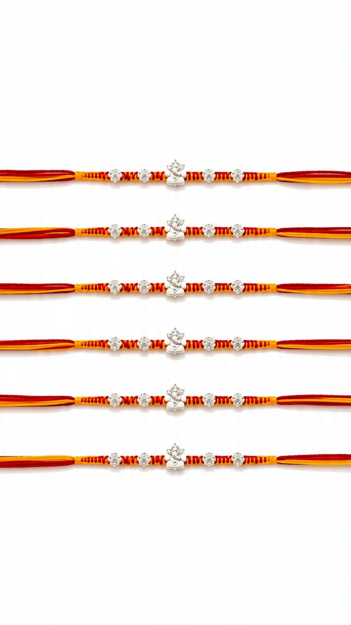 Ganesha Rakhi with Silver Charms on Red & Yellow Thread, Set of 6-image-10