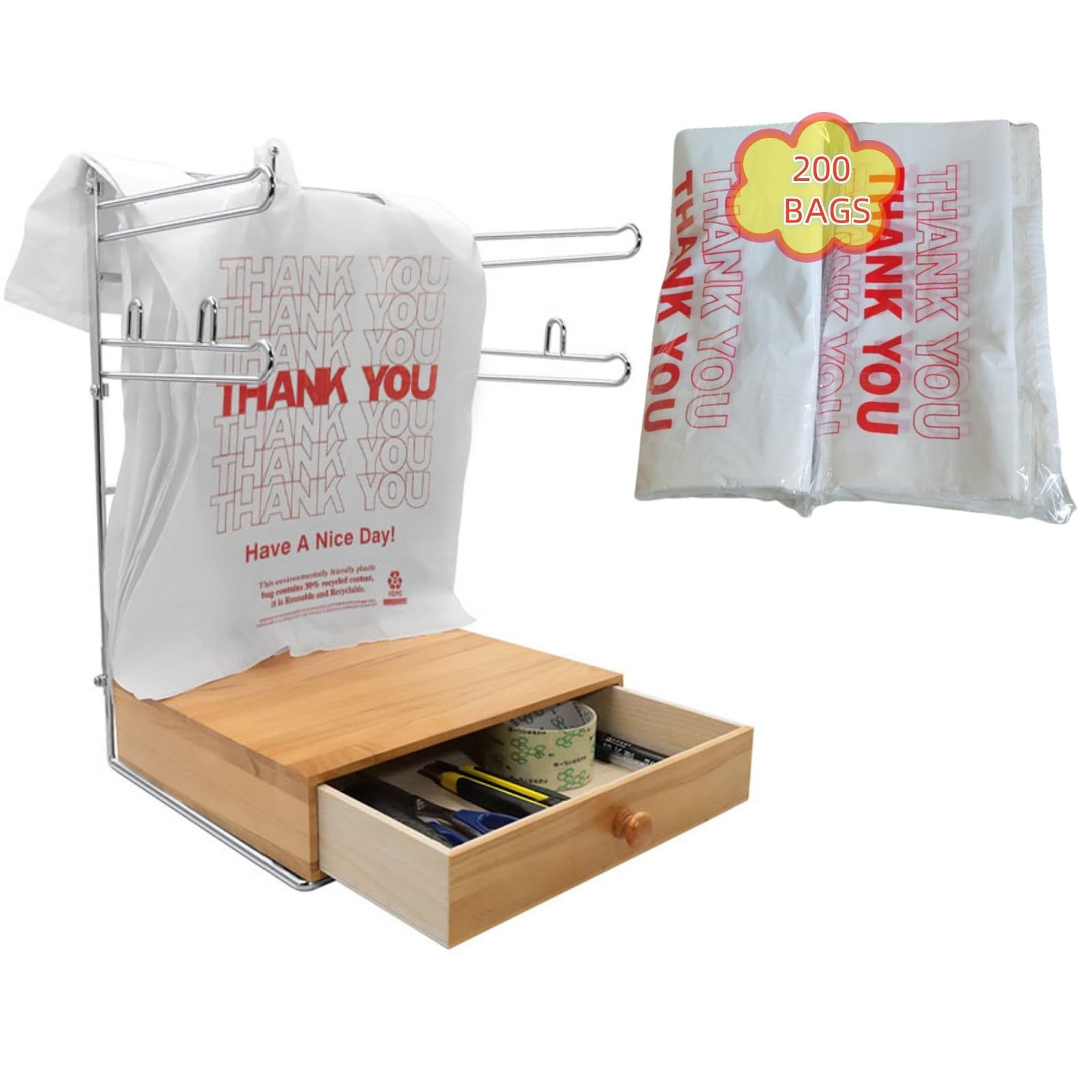 Photo 1 of Detachable Plastic Grocery Bag Holder with Wooden Drawers Base, Grocery Bag Holder and 200 Count Plastic Bags, Chrome Plated T-Shirt Bags Rack with Stores, Grocery Store?Supermarkets, Homes, Kitchens