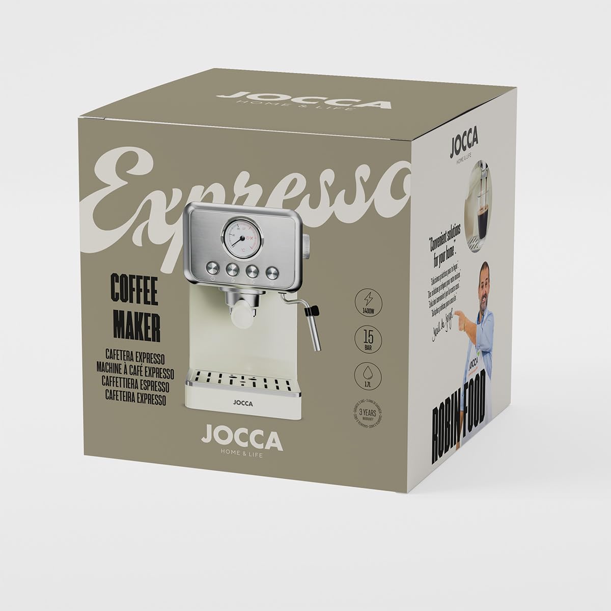 Jocca - Cafetera Espresso Retro | 15 Bar de Presión | Depósito de Agua Extraíble 1,7L | Filtro para 1-2 Tazas (40/80ml) | Bandeja de Goteo Extraíble | Protección contra Sobrecalentamiento | 1400W