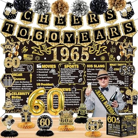 60th Birthday Decorations for Men Women,24PCS 1965 Banner Decorations,Including 1965 Banner,6 Honeycomb Topper,60 Balloons,Cheers to 60 Years Banner,7 Hanging Swirl,6 Paper Poms,Anniversary Card,Sash Cover