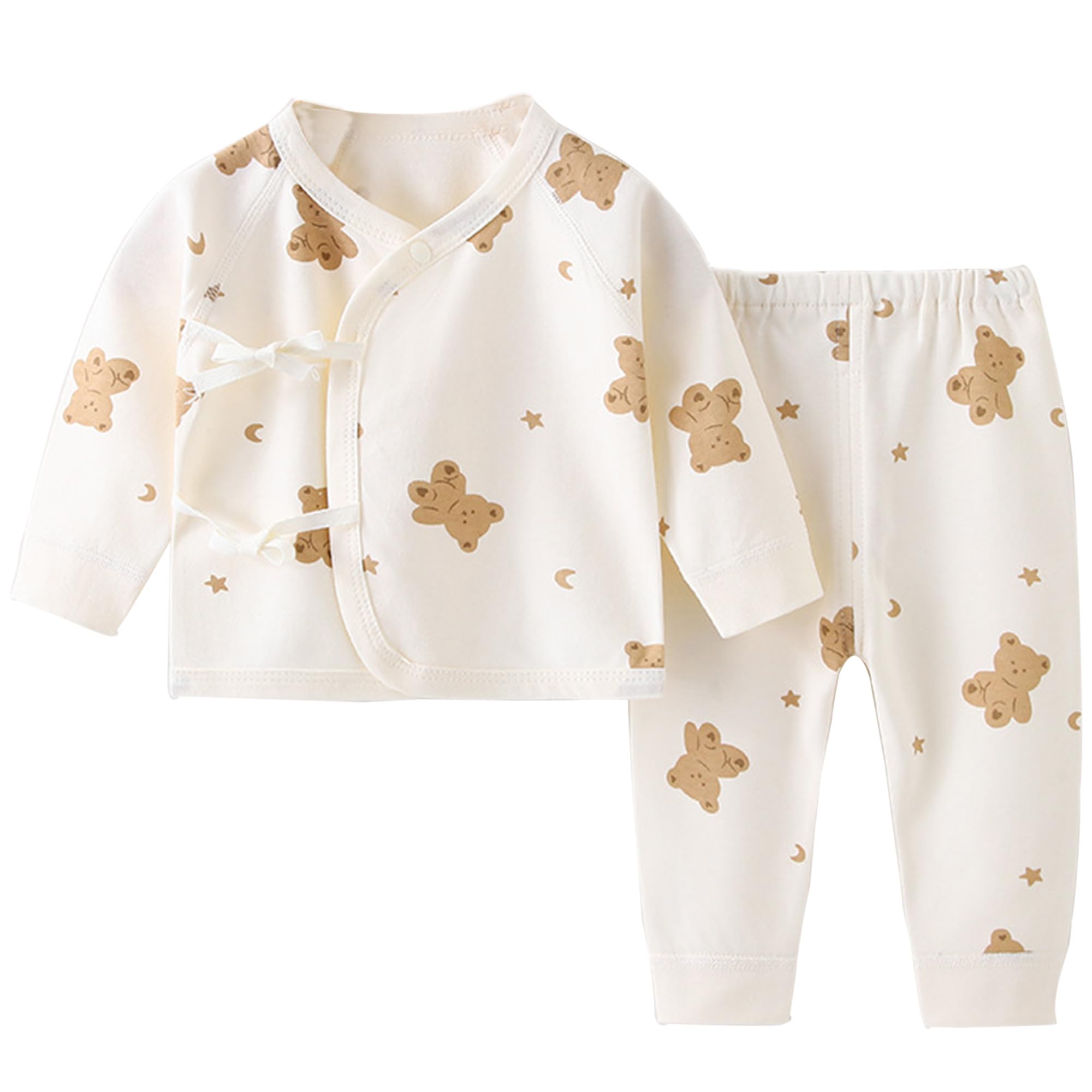 Cute Bear Cartoon Two Piece Clothes Set Cotton Long Sleeve Open Front Outfits Room Wear, Sleepwear, Soft Pajamas Top for Unisex Baby Boys Girls-image-17