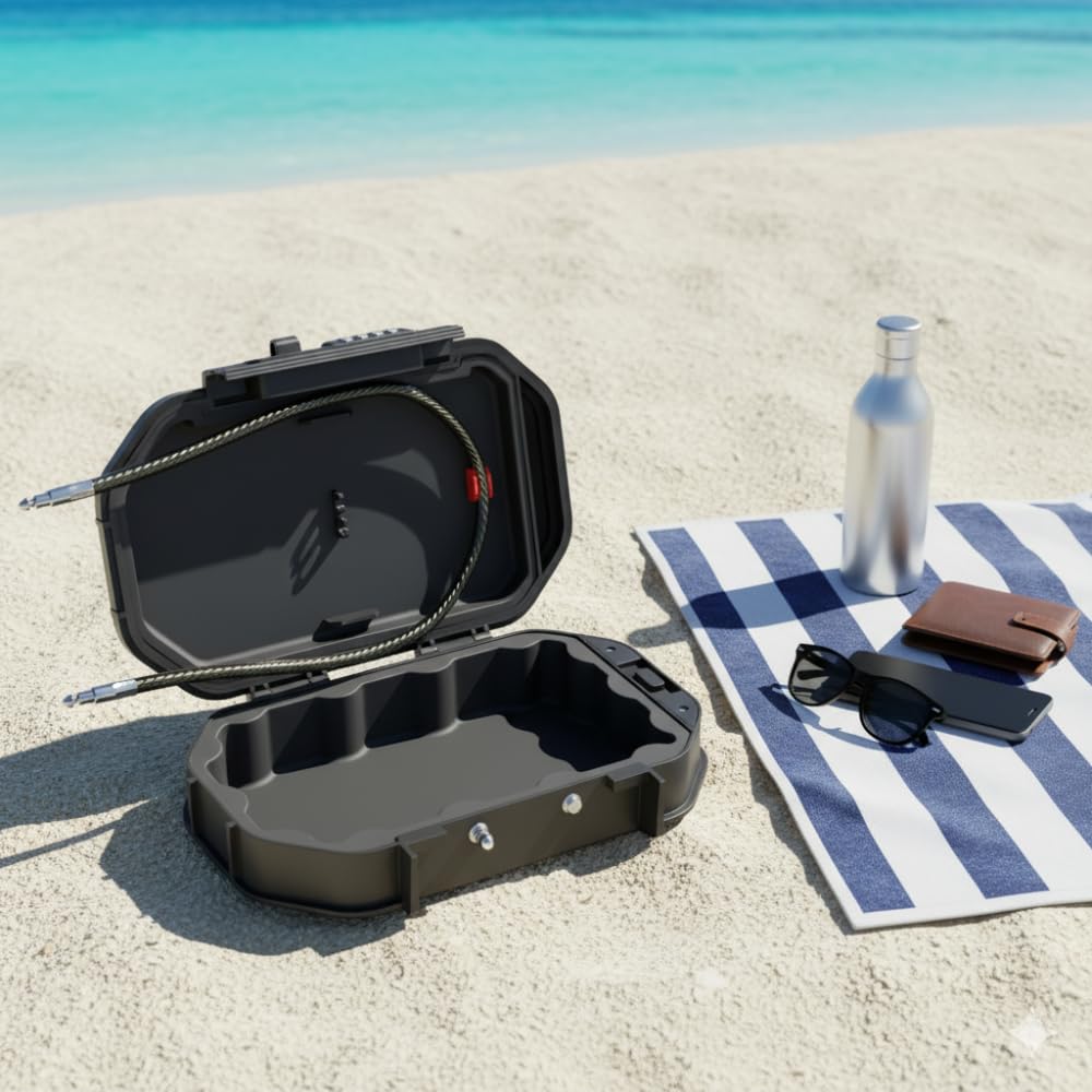 BRÜNN Cassetta di sicurezza portatile con serratura a combinazione, impermeabile, da viaggio, con cavo in acciaio, colore nero, scatola con combinazione, ideale per esterni, campeggio, spiaggia