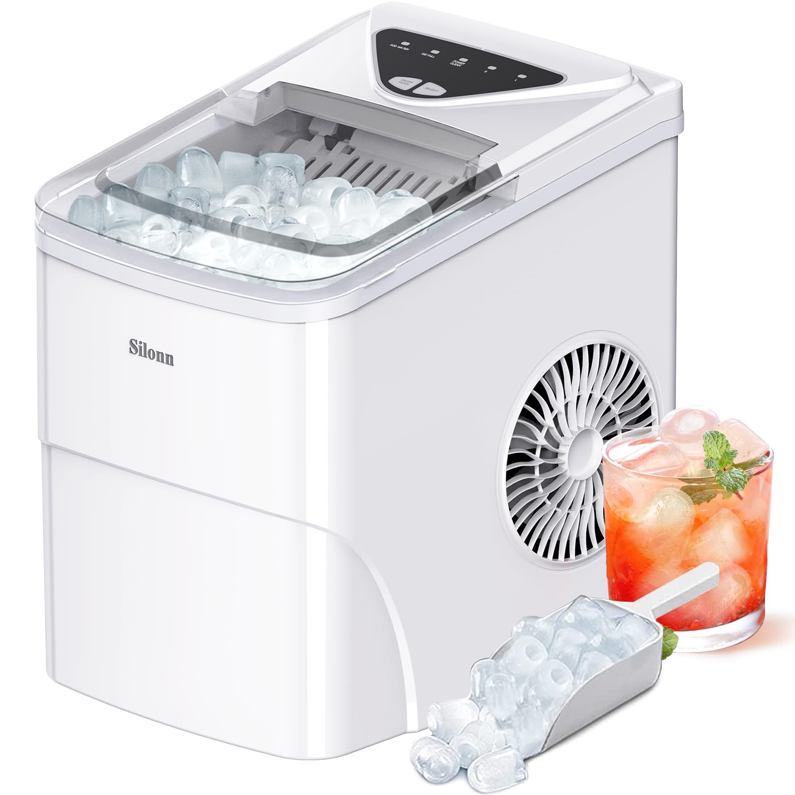 Silonn Ice Makers Countertop, 9 Cubes Ready in 6 Mins, Self-Cleaning Ice Machine with Ice Scoop and Basket, 26lbs in 24Hrs, 2 Sizes of Bullet Ice for Home Kitchen Office Bar Party, White | Fridge.com