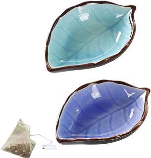 2Pcs Tea Bag Coaster, 4.33in Ice Crack Glaze Ceramics Tea Bag Rest Dish, Tree Leaf Tea Bag Coasters, Porcelain Tea Bag Plate (2Pcs B)