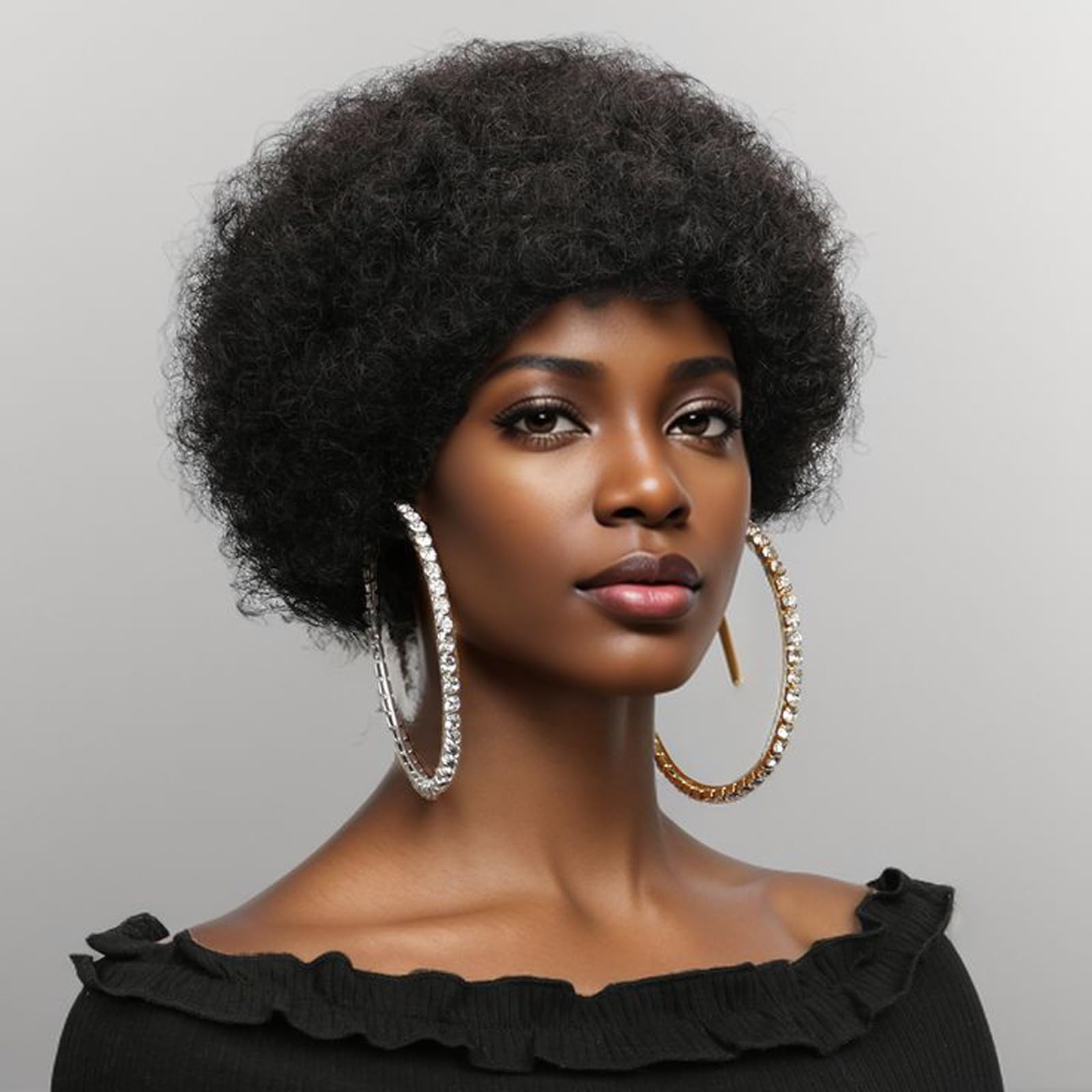 Mofyue Afro Wig Human Hair For Women 70's Afro Wigs For Women Short Pixie Cut Wigs for Black Women Glueless Soft And Bouncy Wig With Bangs (Natural