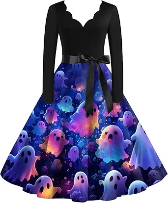 OIOLOYJM Sexy Plus Size Halloween Costumes Woman 2025 Long Sleeve V Neck Printed Gothic Retro Formal Party Dresses for Women