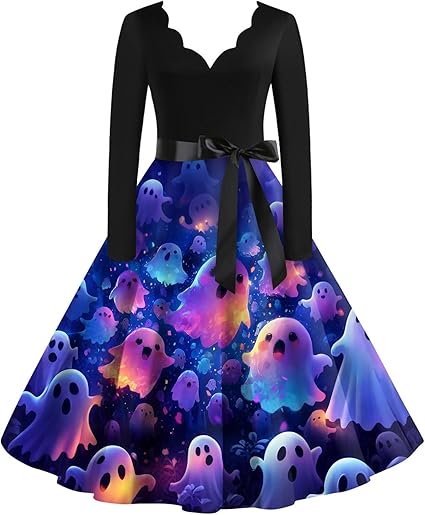 OIOLOYJM Sexy Plus Size Halloween Costumes Woman 2025 Long Sleeve V Neck Printed Gothic Retro Formal Party Dresses for Women