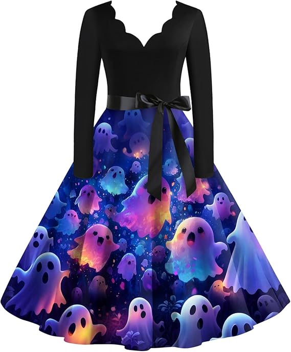 OIOLOYJM Sexy Plus Size Halloween Costumes Woman 2025 Long Sleeve V Neck Printed Gothic Retro Formal Party Dresses for Women