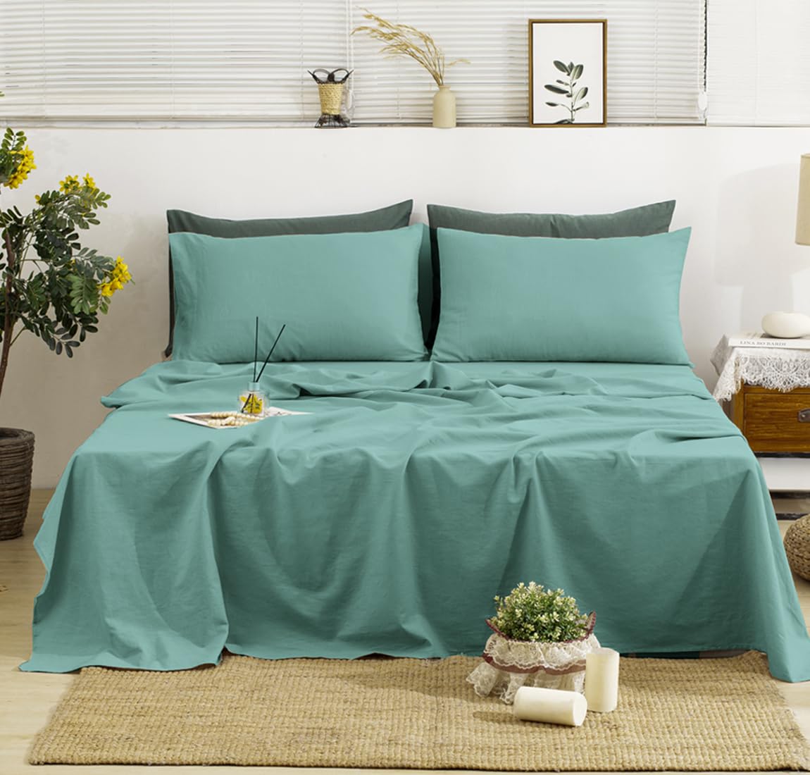 TUMEILinen Sheets Queen Size, 100% Washed French Linen Sheets Set, 4Pcs Queen Bedding Sheets Set with Durable Deep Pocket Fitted Sheet & Flat Sheet & 2 Pillowcases, Ocean Blue Queen