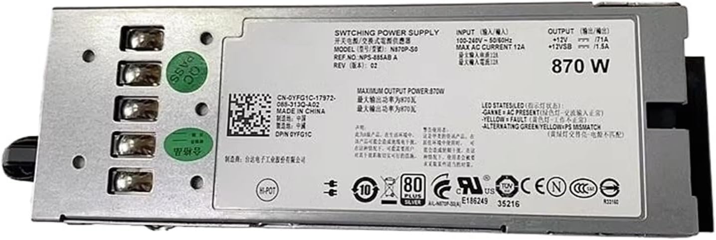 N870P-S0 A870P-00 0YFG1C 870W 12V 71A for R710 Server Power Supply NPS-885AB A YFG1C 7NVX8 07NVX8