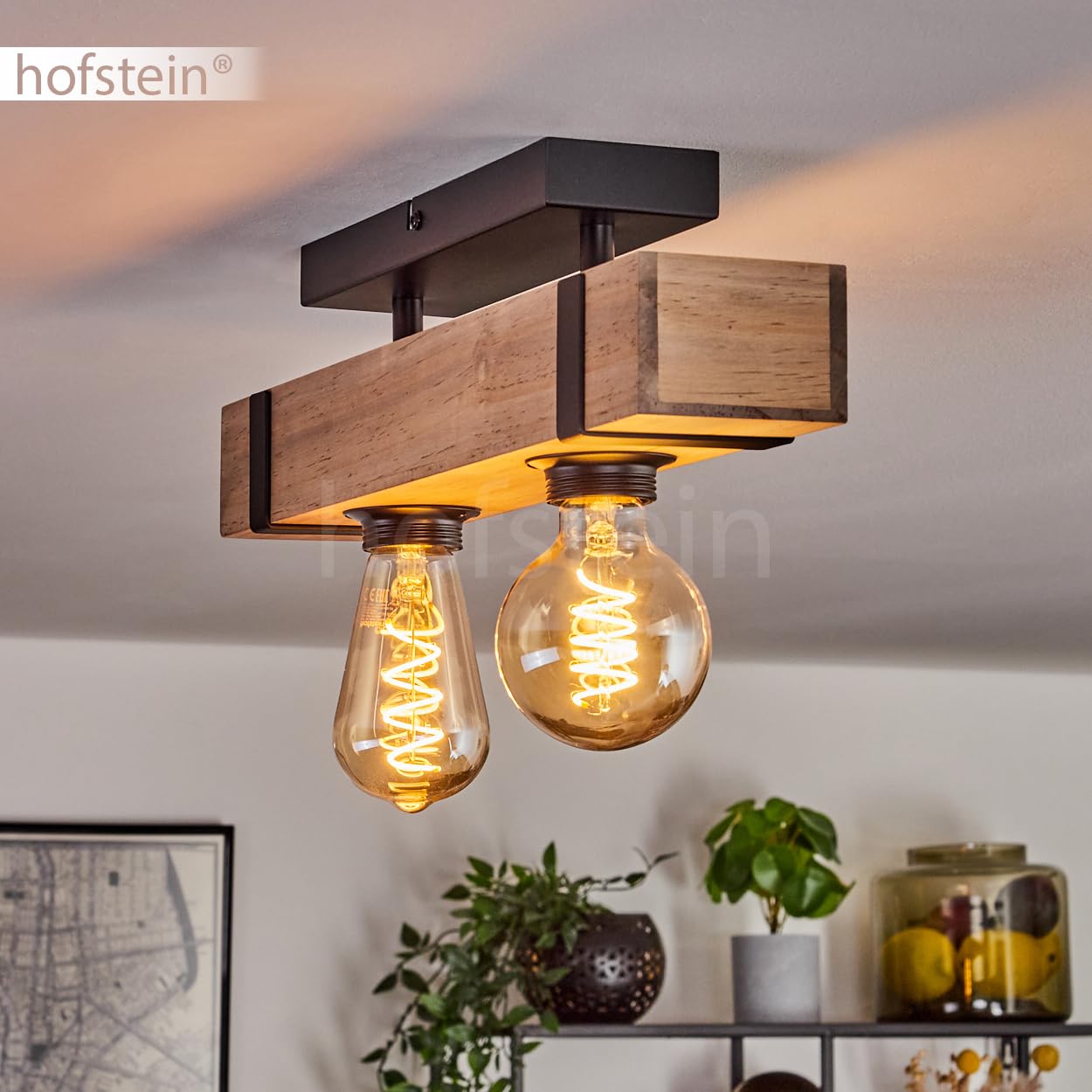 Lámpara de techo Montgomery, lámpara de techo moderna de metal/madera en color negro/natural, luminaria de diseño industrial con vigas de madera, 2 luces, 2 x E27, sin bombillas
