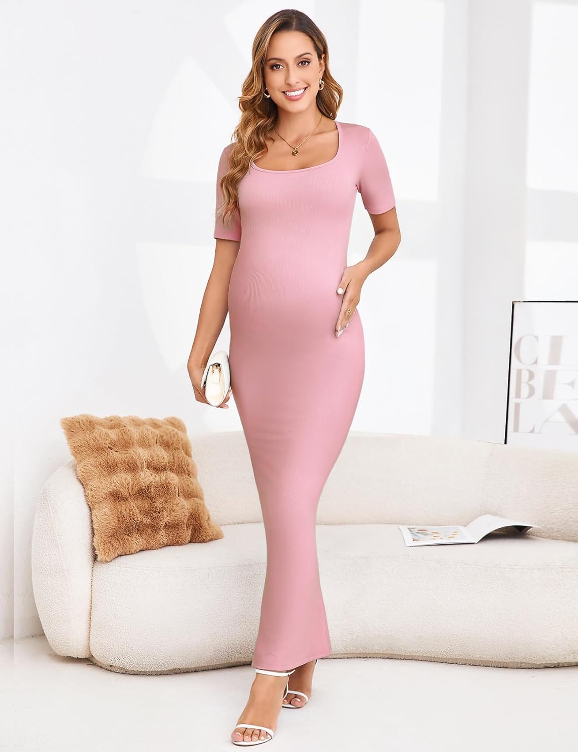 2025 Maternity Bodycon Mermaid Maxi Dress Sexy Square Neck Short Sleeve Ribbed Pregnancy Dresses Baby Shower Photoshoot